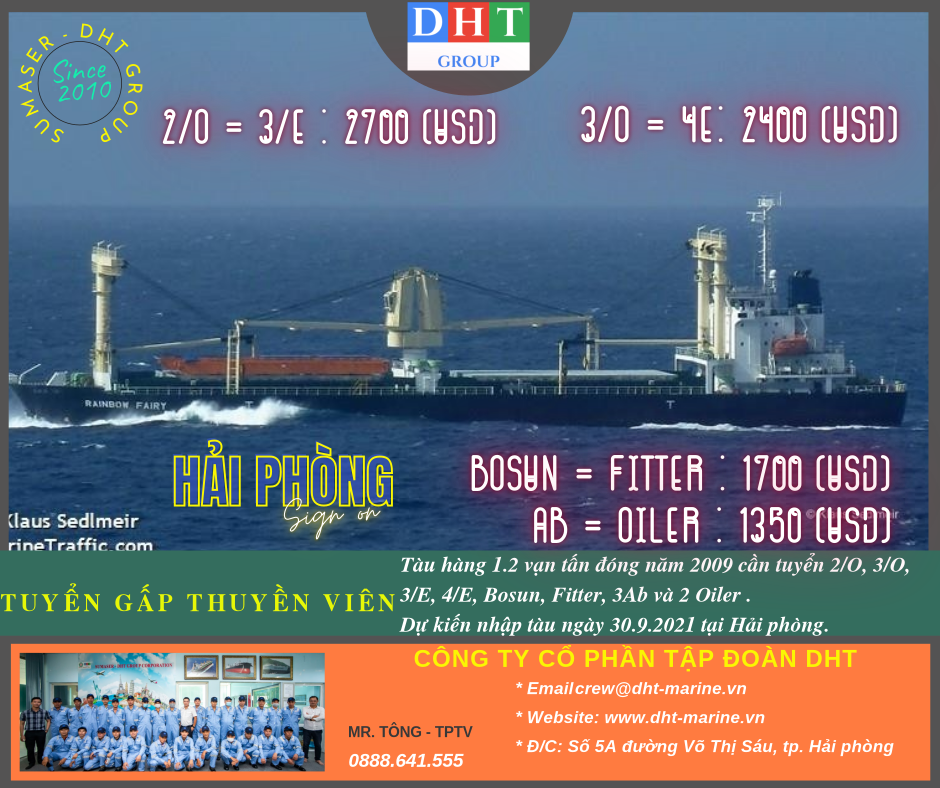 Tuyển thuyền viên cho hàng 1,2 vạn nhập tàu tại Hải phòng ngày 30/09/2021