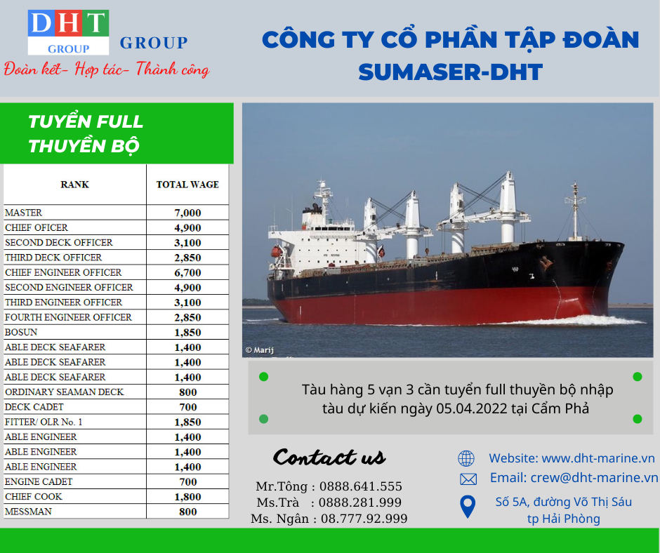 Tàu hàng 5,3 vạn tấn cần tuyển full thuyền bộ nhập tàu 05/04/2022 tại Cẩm Phả.